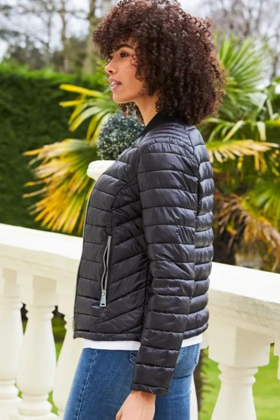 Sosandar Black and Silver Zip Detail Padded Coat With Pockets Black Silver Women Activewear