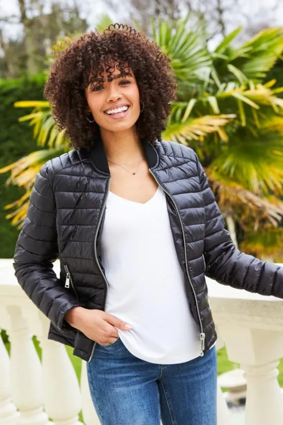 Sosandar Black and Silver Zip Detail Padded Coat With Pockets Black Silver Women Activewear