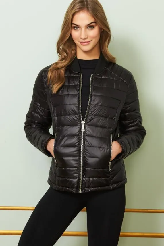 Sosandar Black and Silver Zip Detail Padded Coat With Pockets Black Silver Women Activewear