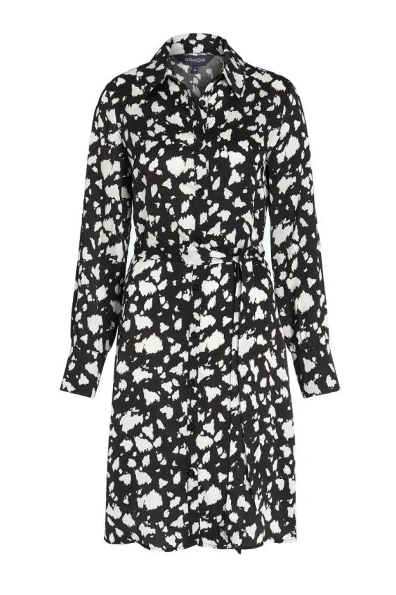 Sosandar Black and White Chic Print Belted Shirt Dress Black White Women Dresses