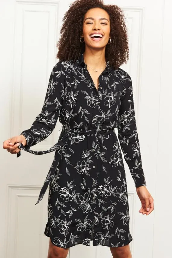 Sosandar Black and White Floral Tie Waist Shirt Dress Black White Women Dresses Sosandar Black and White Floral Tie Waist Shirt Dress Black White Women Dresses