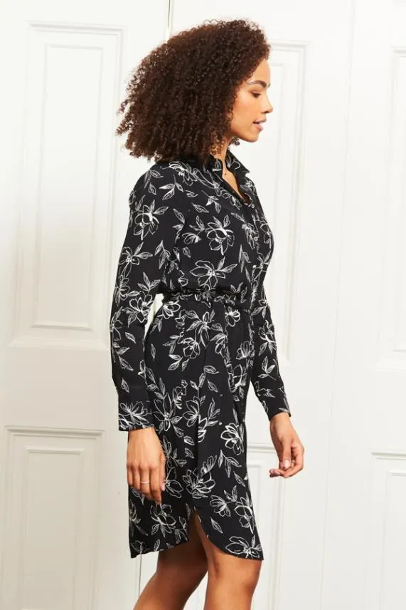 Sosandar Black and White Floral Tie Waist Shirt Dress Black White Women Dresses