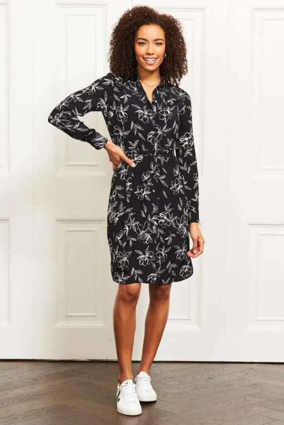 Sosandar Black and White Floral Tie Waist Shirt Dress Black White Women Dresses