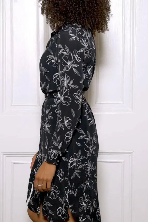 Sosandar Black and White Floral Tie Waist Shirt Dress Black White Women Dresses