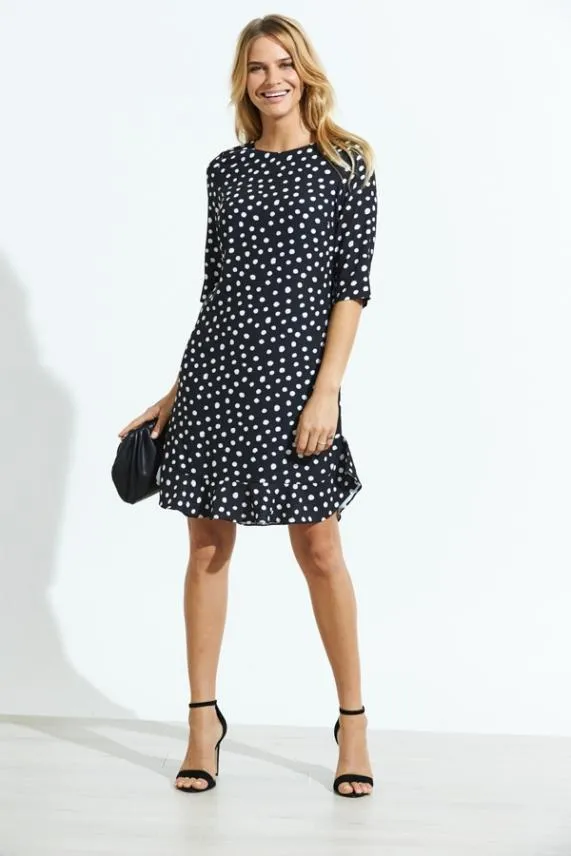 Sosandar Black and White Spot Print Ruffle Hem Shift Dress Black White Women Dresses