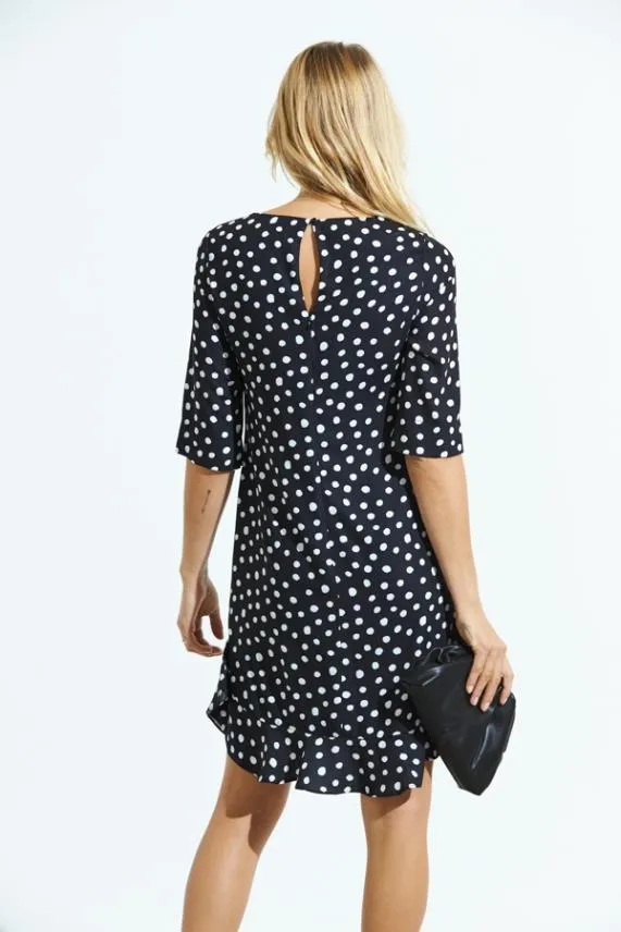 Sosandar Black and White Spot Print Ruffle Hem Shift Dress Black White Women Dresses