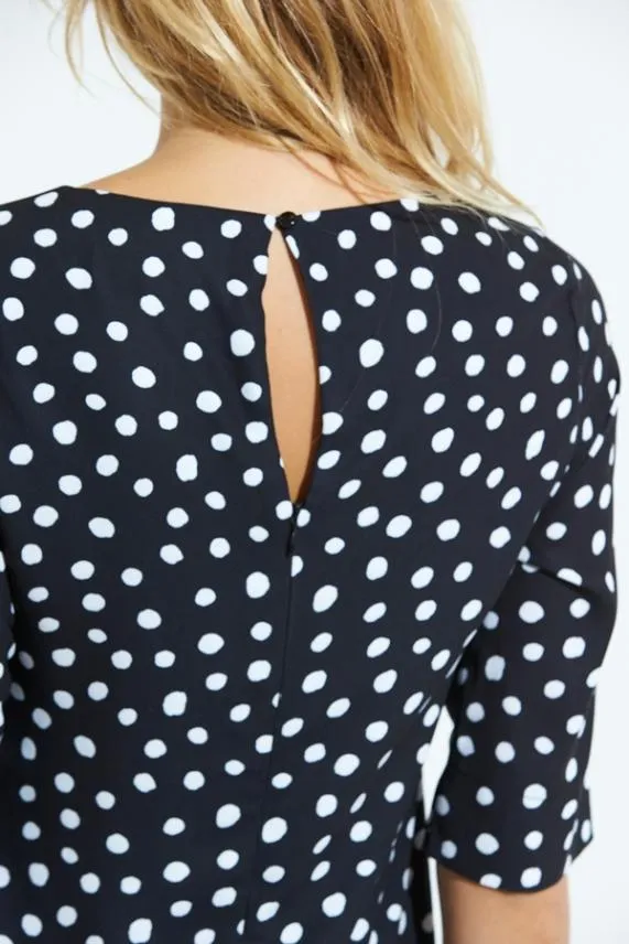 Sosandar Black and White Spot Print Ruffle Hem Shift Dress Black White Women Dresses