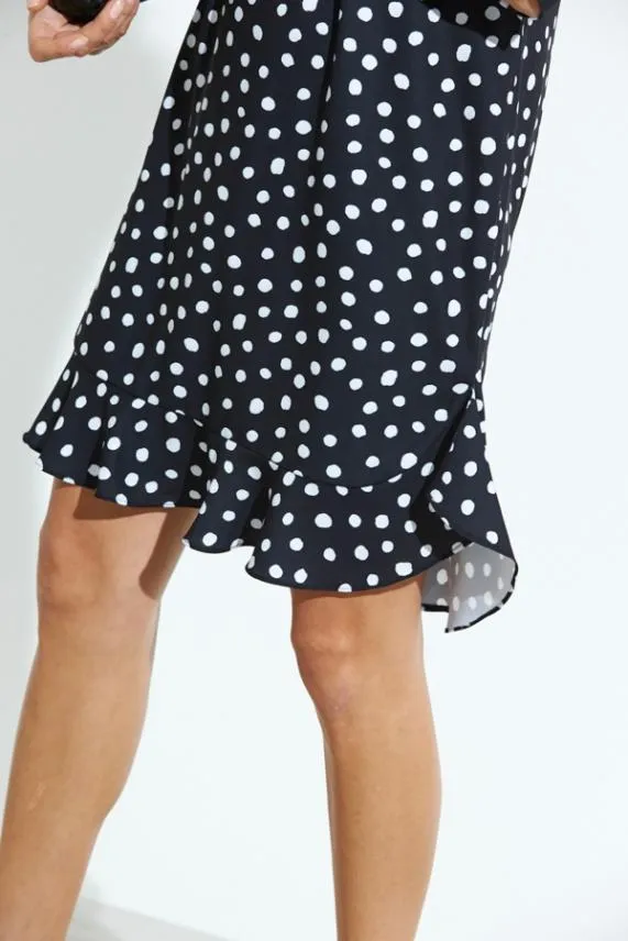 Sosandar Black and White Spot Print Ruffle Hem Shift Dress Black White Women Dresses