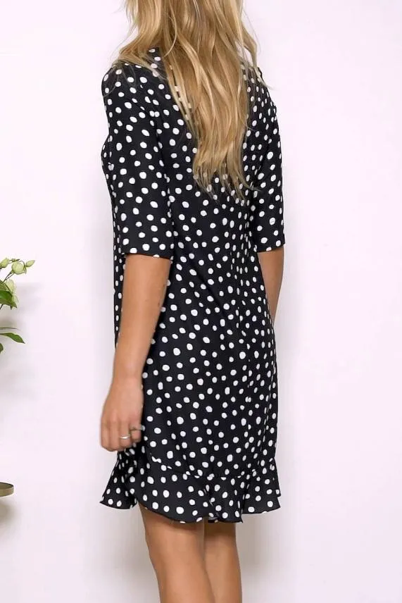 Sosandar Black and White Spot Print Ruffle Hem Shift Dress Black White Women Dresses