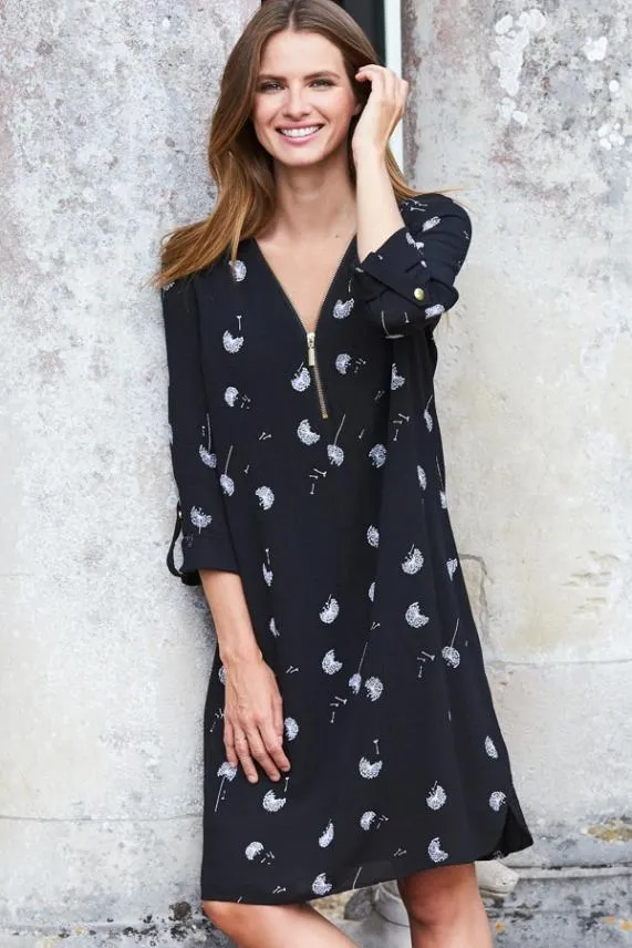 Sosandar Black Dandelion Print Zip Front Shift Dress Black Women Dresses