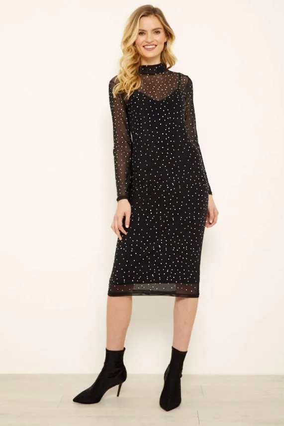 Sosandar Black Diamante Mesh Dress Black Women Dresses