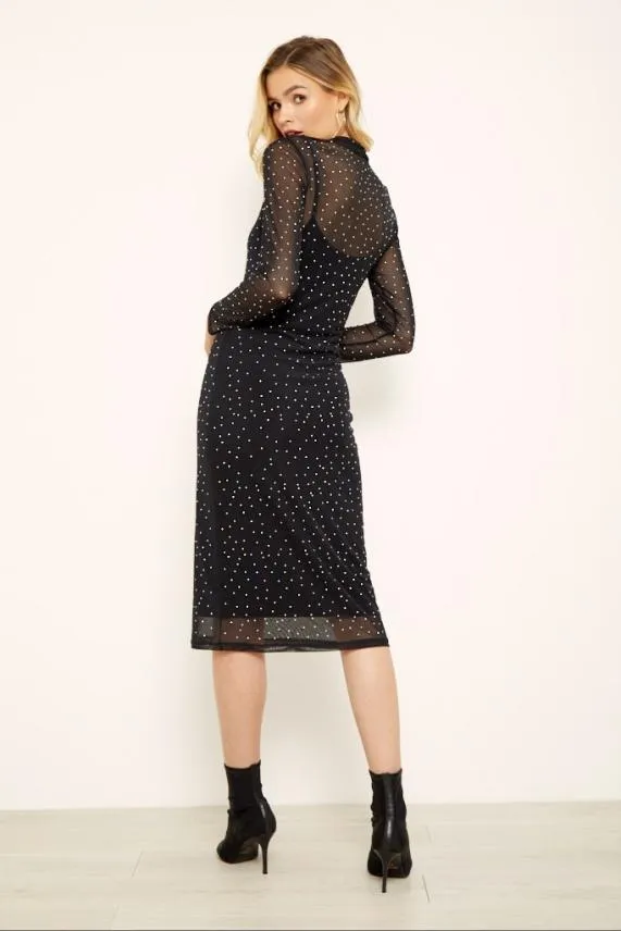 Sosandar Black Diamante Mesh Dress Black Women Dresses