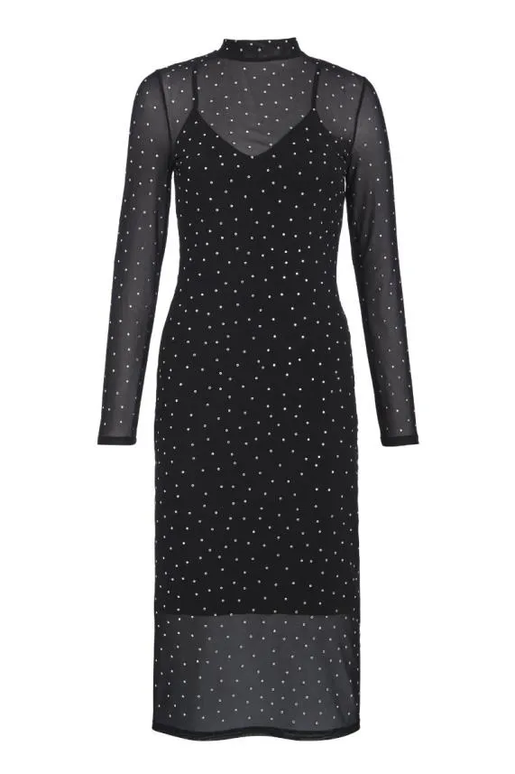 Sosandar Black Diamante Mesh Dress Black Women Dresses