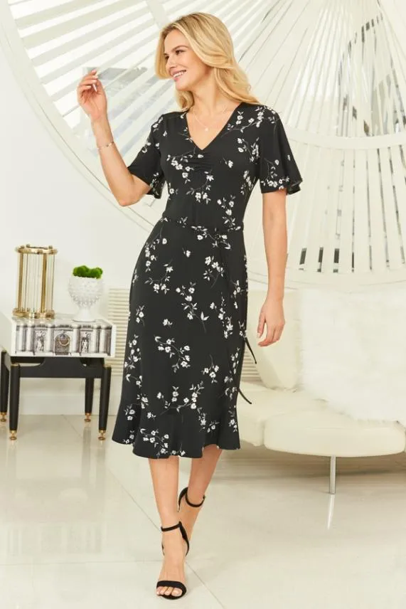 Sosandar Black Floral Print Angel Sleeve Midi Dress Black Women Dresses