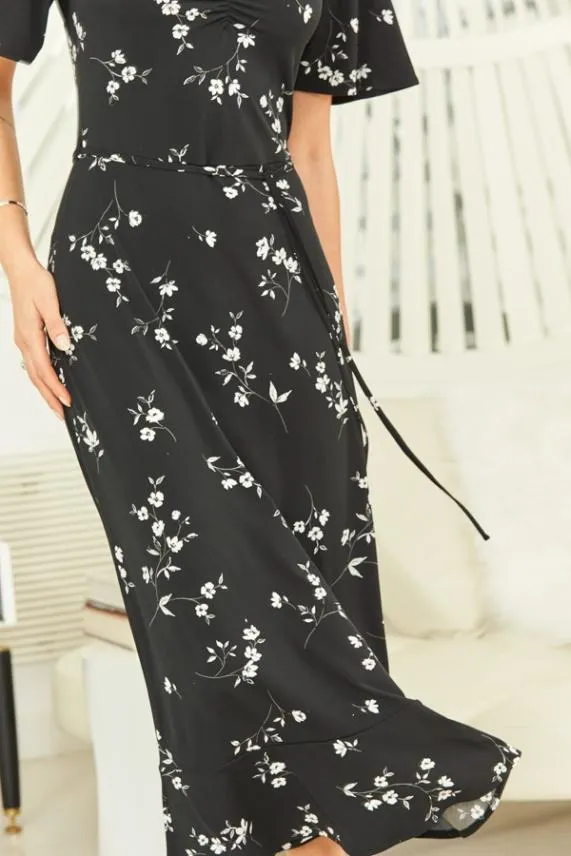 Sosandar Black Floral Print Angel Sleeve Midi Dress Black Women Dresses