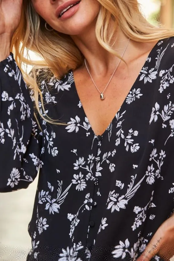 Sosandar Black Floral Print Button Front Tie Waist Top Black Women Tops