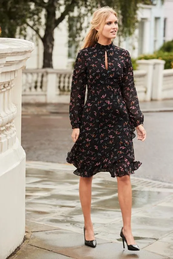 Sosandar Black Floral Print Fit and Flare Ruffle Dress Black Women Dresses