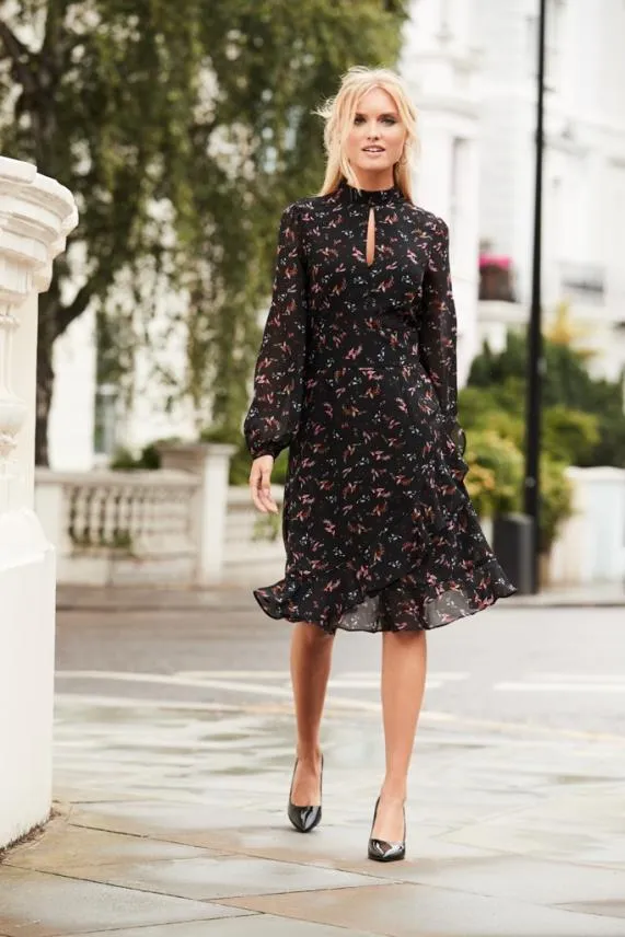 Sosandar Black Floral Print Fit and Flare Ruffle Dress Black Women Dresses