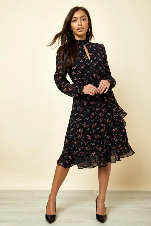 Sosandar Black Floral Print Fit and Flare Ruffle Dress Black Women Dresses