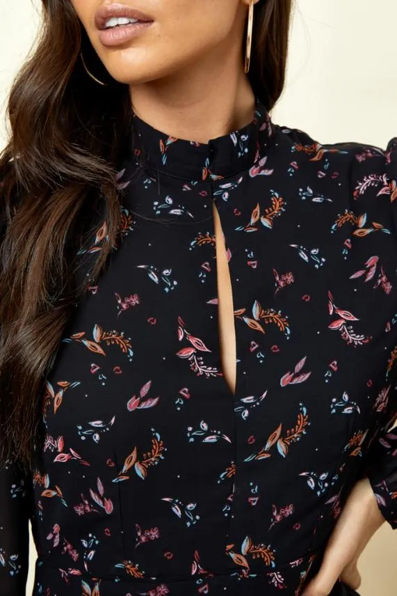 Sosandar Black Floral Print Fit and Flare Ruffle Dress Black Women Dresses