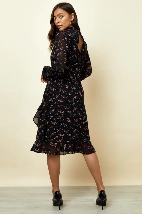 Sosandar Black Floral Print Fit and Flare Ruffle Dress Black Women Dresses