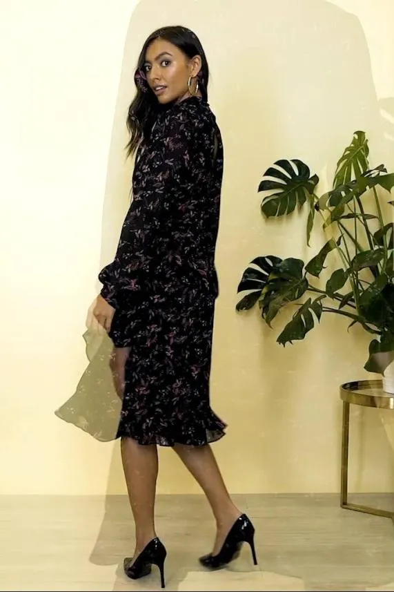 Sosandar Black Floral Print Fit and Flare Ruffle Dress Black Women Dresses