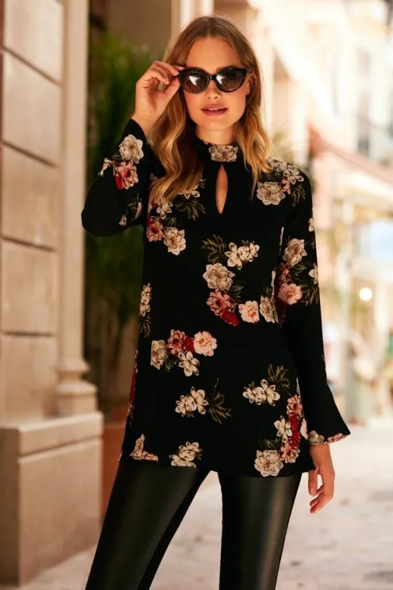 Sosandar Black Floral Print Keyhole Detail Fluted Cuff Top Black Women Tops