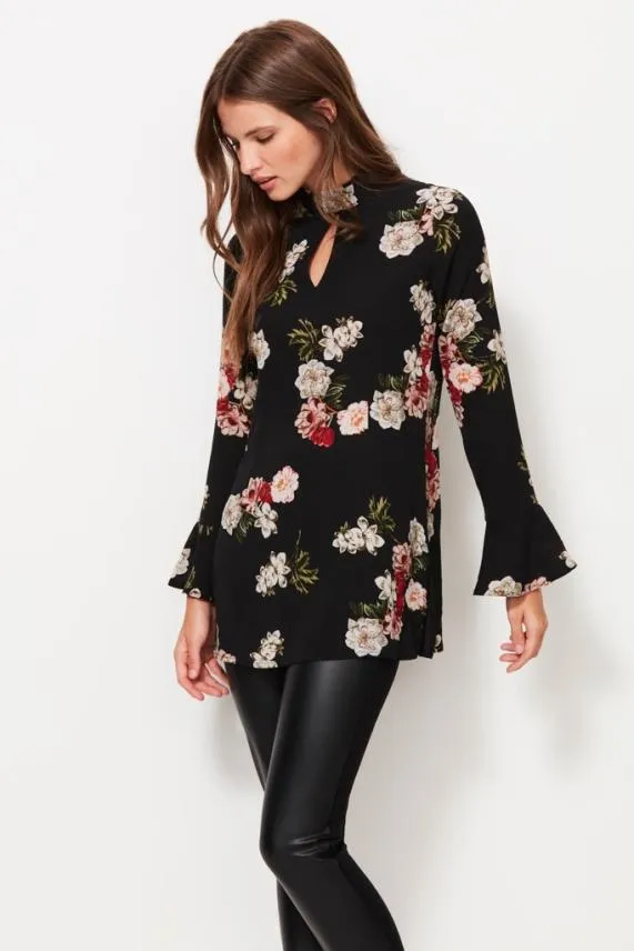 Sosandar Black Floral Print Keyhole Detail Fluted Cuff Top Black Women Tops