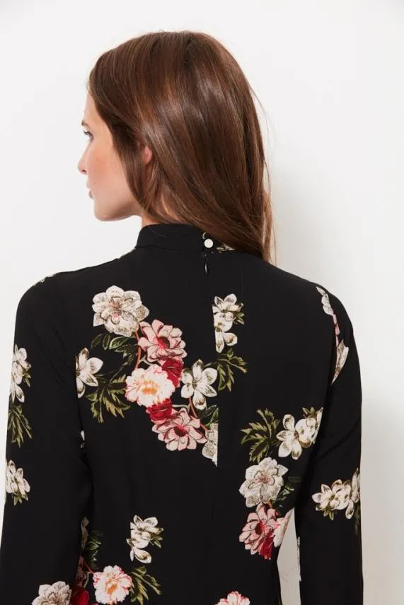 Sosandar Black Floral Print Keyhole Detail Fluted Cuff Top Black Women Tops