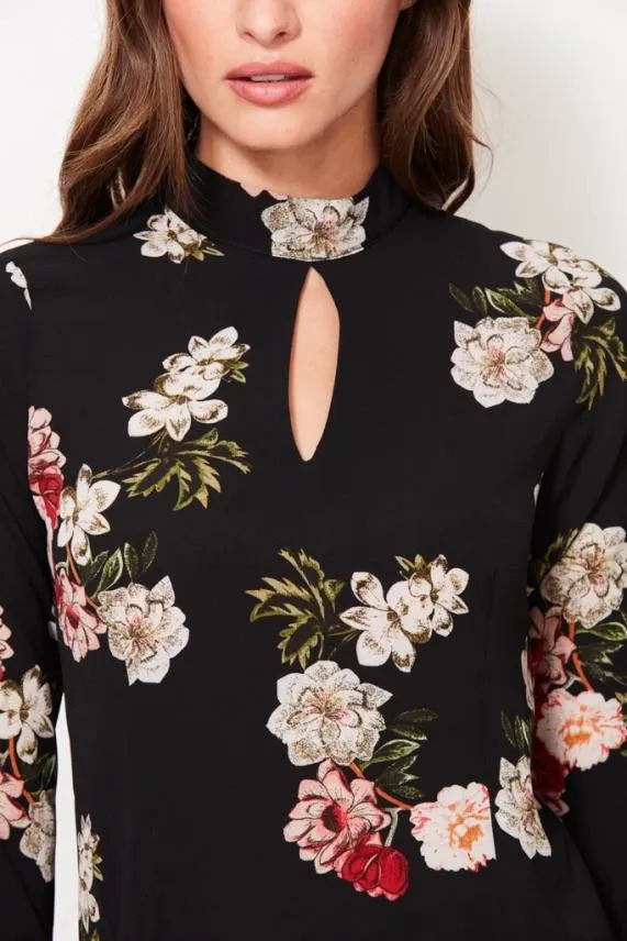 Sosandar Black Floral Print Keyhole Detail Fluted Cuff Top Black Women Tops