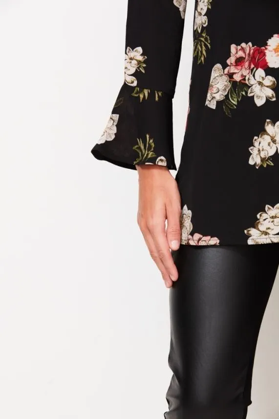 Sosandar Black Floral Print Keyhole Detail Fluted Cuff Top Black Women Tops