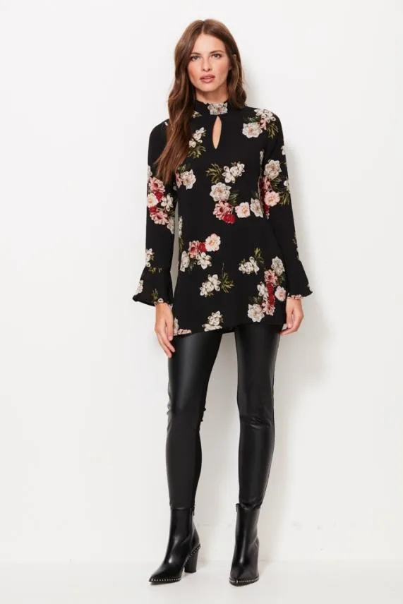 Sosandar Black Floral Print Keyhole Detail Fluted Cuff Top Black Women Tops