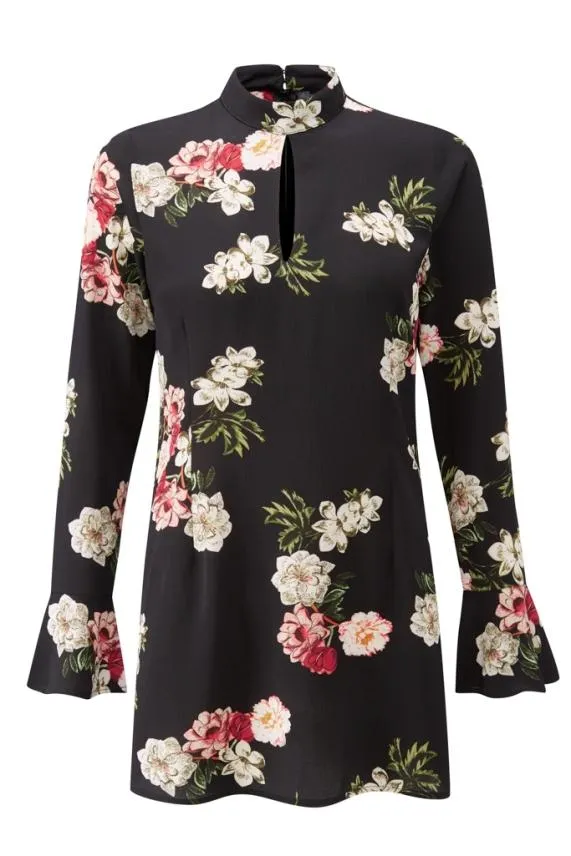 Sosandar Black Floral Print Keyhole Detail Fluted Cuff Top Black Women Tops