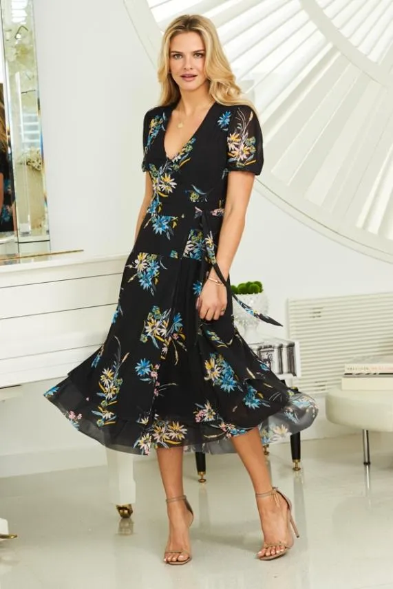 Sosandar Black Floral Print Mesh Wrap Dress Black Women Dresses