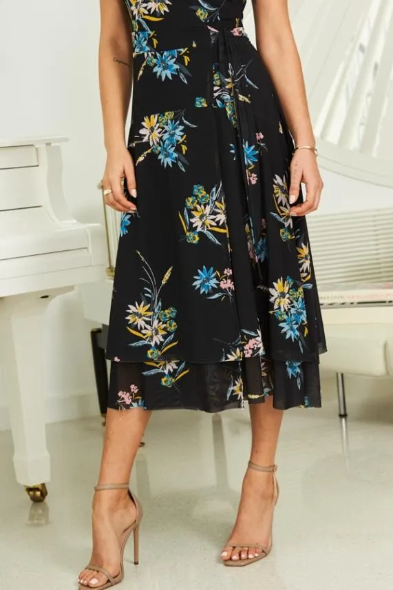 Sosandar Black Floral Print Mesh Wrap Dress Black Women Dresses