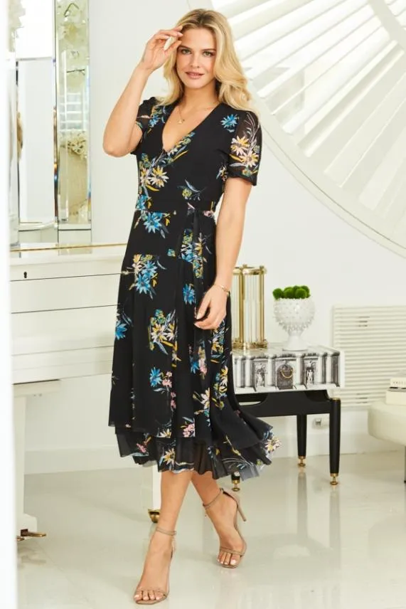 Sosandar Black Floral Print Mesh Wrap Dress Black Women Dresses