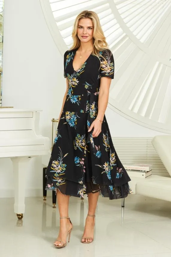 Sosandar Black Floral Print Mesh Wrap Dress Black Women Dresses