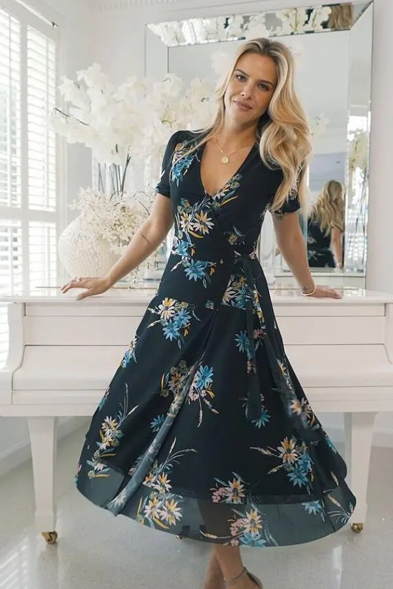 Sosandar Black Floral Print Mesh Wrap Dress Black Women Dresses