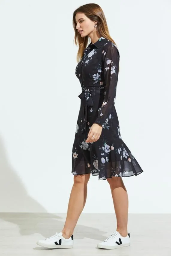 Sosandar Black Floral Print Sheer Sleeve Fit and Flare Dress Black Women Dresses