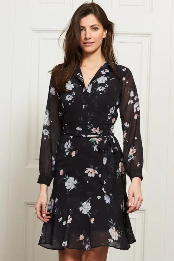 Sosandar Black Floral Print Sheer Sleeve Fit and Flare Dress Black Women Dresses