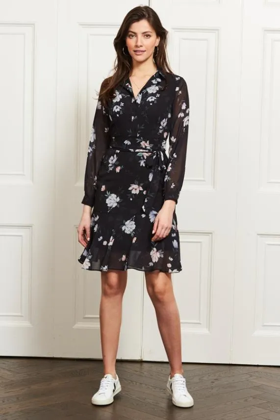Sosandar Black Floral Print Sheer Sleeve Fit and Flare Dress Black Women Dresses