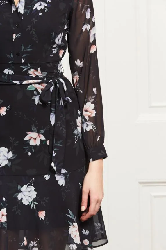 Sosandar Black Floral Print Sheer Sleeve Fit and Flare Dress Black Women Dresses