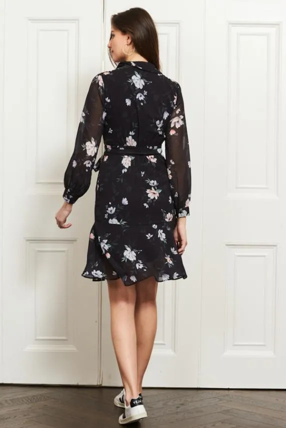Sosandar Black Floral Print Sheer Sleeve Fit and Flare Dress Black Women Dresses