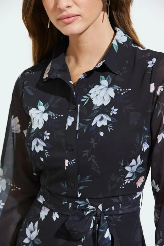 Sosandar Black Floral Print Sheer Sleeve Fit and Flare Dress Black Women Dresses