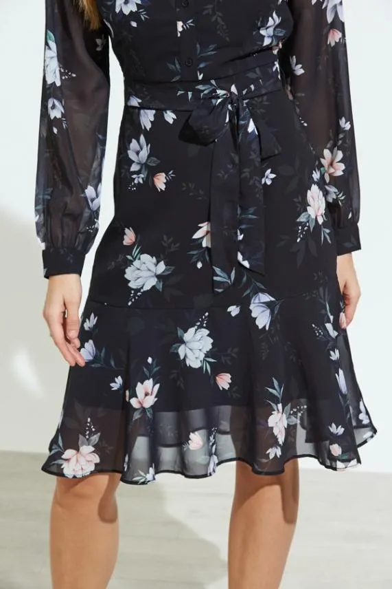 Sosandar Black Floral Print Sheer Sleeve Fit and Flare Dress Black Women Dresses