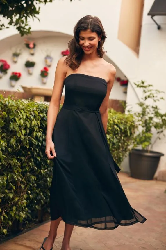 Sosandar Black Front Split Detail Belted Bandeau Dress Black Women Dresses