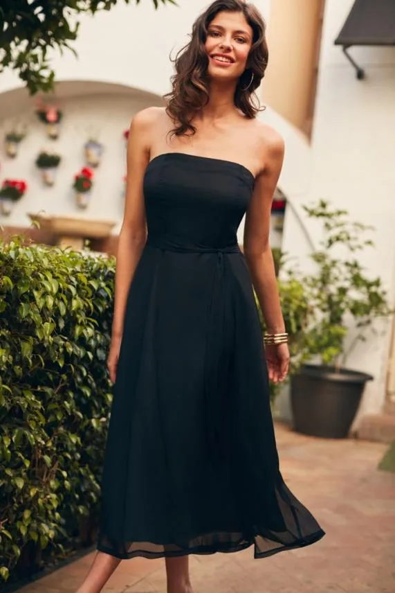 Sosandar Black Front Split Detail Belted Bandeau Dress Black Women Dresses