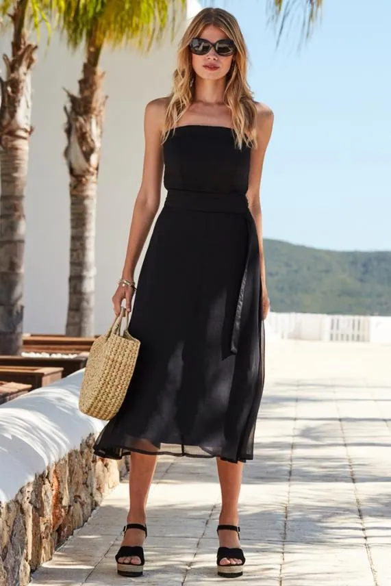 Sosandar Black Front Split Detail Belted Bandeau Dress Black Women Dresses