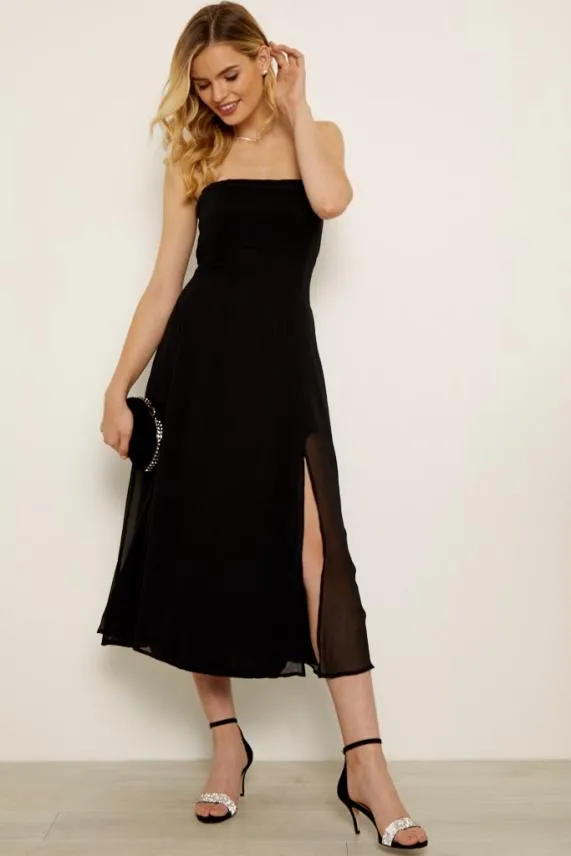Sosandar Black Front Split Detail Belted Bandeau Dress Black Women Dresses