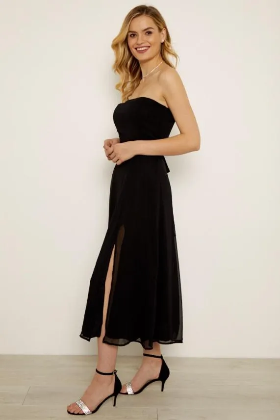 Sosandar Black Front Split Detail Belted Bandeau Dress Black Women Dresses